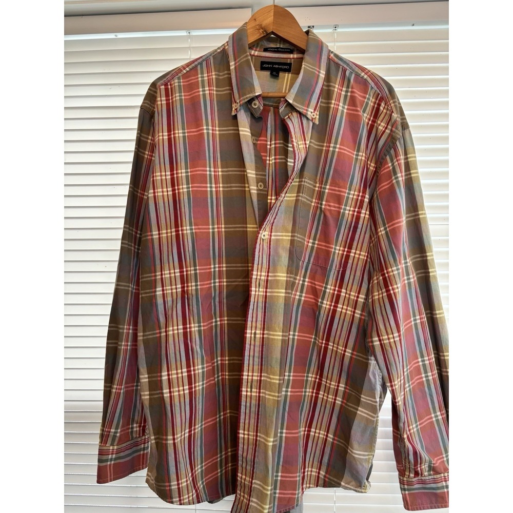John Ashford Shirt Men's XL Button Down Plaid Long Sleeve Business Casual